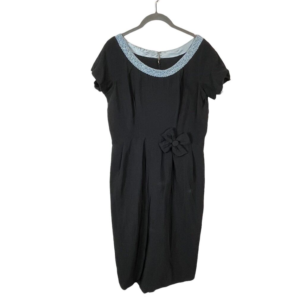 Little Black Dress Blue Beaded Bow For Repair Women’s 1950s 1980s Handmade SZ M